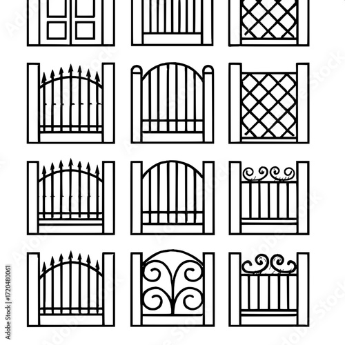 Technical design sheet of gates, twelve frontal gate variations in a grid, rendered in flat monochrome style, heavy outlines, clean schematic aesthetic, modern architectural illustration.