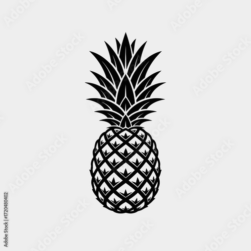 Stylized black and white vector illustration of a whole pineapple with detailed crown and textured body, isolated on a light background.