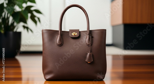Sophisticated dark brown leather tote bag with a classic design and gold clasp, elegantly displayed on a polished wooden surface