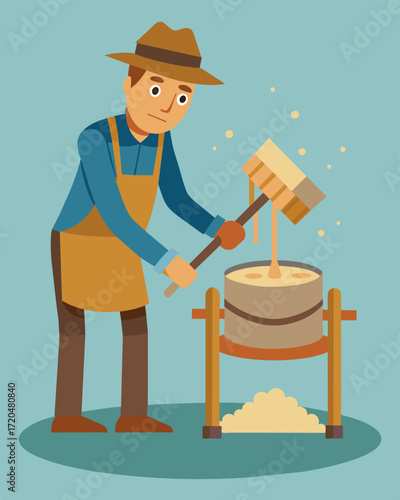 A millwright covered in sawdust and grease skillfully repairing the creaking machinery that powered the production of flour and other goods.. Vector illustration