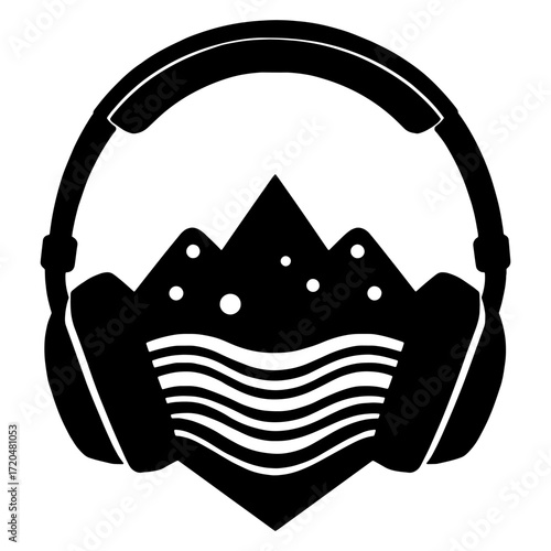 Silhouette Abstract mountain landscape with headphones travel logo design