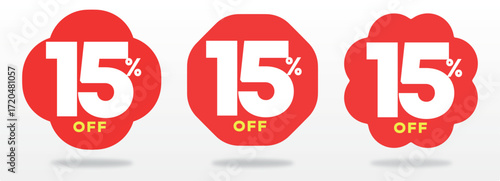 15% off, shop, discount, business, sale, campaign, sticker, promo, liquidation, price, percent, offer, retail,  icon, tag, store. Design, sign, vector, set