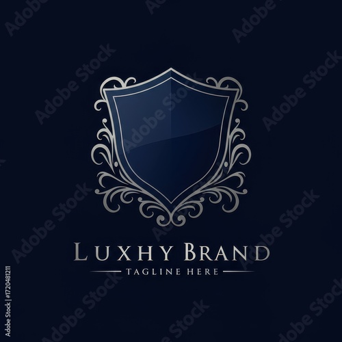 Elegant dark blue shield emblem framed by intricate silver filigree, creating a sophisticated and luxurious  design.
