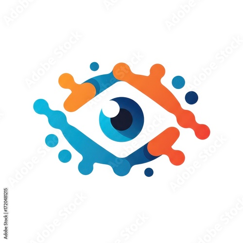 A vibrant  design featuring a stylized eye, encompassed by dynamic, colorful shapes and dots.