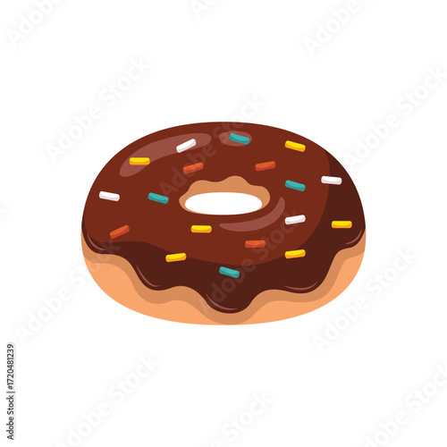 A chocolate donut with colorful sprinkles on a white background