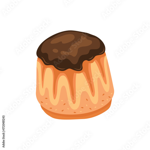 A chocolateglazed round pastry with dripping icing