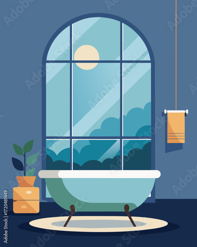 A luxurious bathtub next to a large window making for a soothing and rejuvenating work break.. Vector illustration
