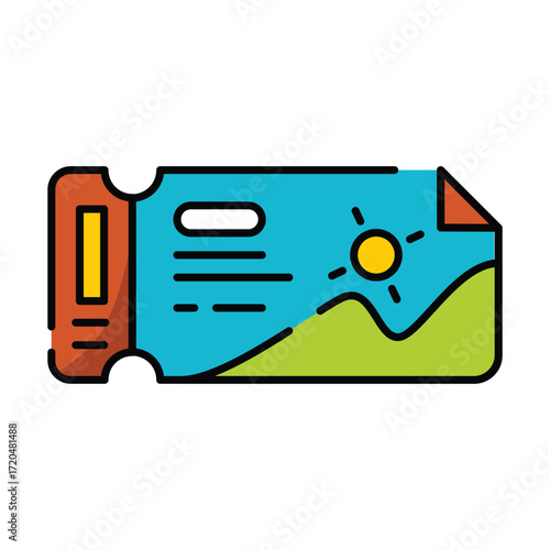 A cartoonstyle ticket with a landscape illustration