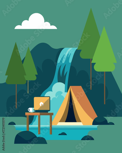 A small tent tucked away in the trees near the waterfall is home to a laptop setup offering a unique and refreshing work space.. Vector illustration