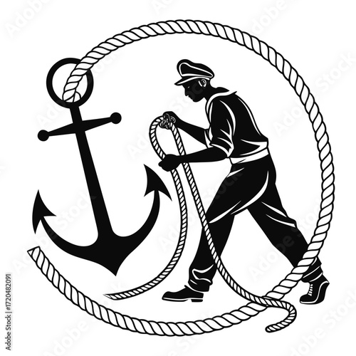 Sailor pulling anchor rope silhouette