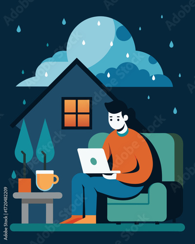 As the rain patters against the cabins tin roof the freelancer cozies up on the couch with their laptop tapping away at their latest project while sipping on a mug of hot. Vector illustration