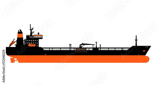 Oil Tanker Ship Silhouette Vector Illustration, Isolated on White Background