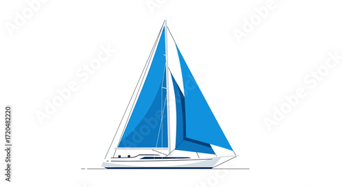 Minimalist Vector Illustration of a Sailing Boat with Blue Sails on White Background