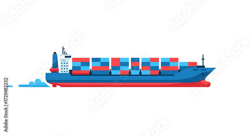 Flat Vector Illustration of Cargo Container Ship on White Background