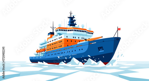Icebreaker Ship Crushing Ice, Navigating Frozen Waters Vector Illustration