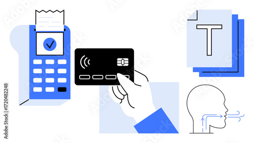 Hand holding contactless card near terminal with receipt. Includes documents and outline head talking. Ideal for payment methods, technology, speech, communication, transactions, business, simple