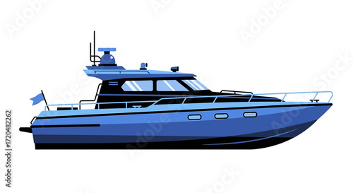 Blue Motor Yacht Isolated on White Background, Vector Illustration