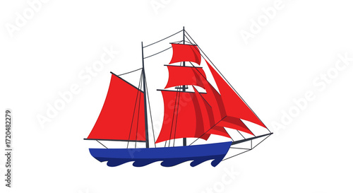 Illustration of a Sailing Ship with Red Sails and Blue Hull on White Background