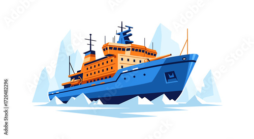 Illustration of a Blue and Orange Icebreaker Ship Navigating Arctic Waters