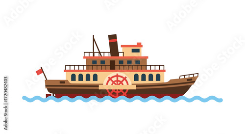 Cartoon Paddle Steamer on Water Vector Illustration