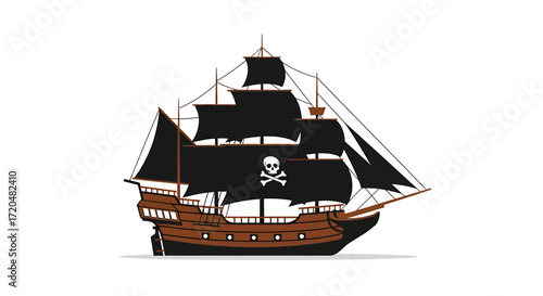 Cartoon Pirate Ship with Skull and Crossbones on Black Sails