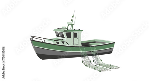 Illustration of a Green Fishing Boat with Nets on a White Background