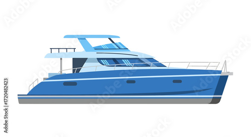 Luxury Blue Yacht Vector Illustration, Modern Motor Boat isolated on White Background