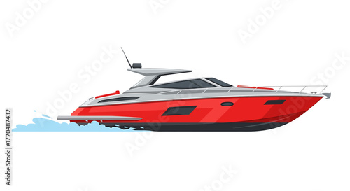 Red and Grey Speedboat on Water, Isolated Vector Illustration