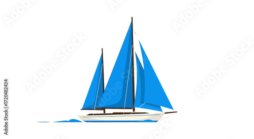 Illustration of a Sailing Yacht with Blue Sails on White Background