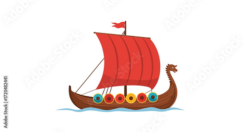 Cartoon Viking Longship with Red Sail Illustration
