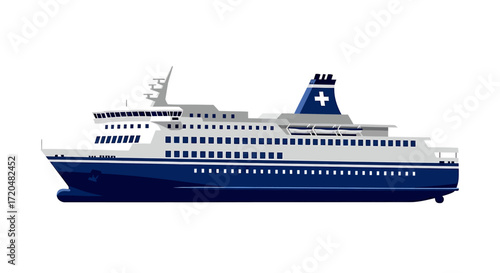 Blue and White Ferry Boat Vector Illustration on White Background
