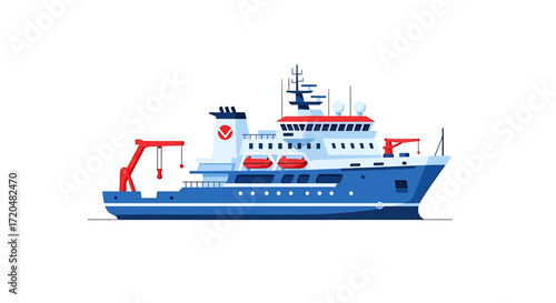 Research Vessel Vector Illustration, Science and Exploration Ship Isolated on White Background