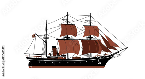 Vintage Sailing Ship Vector Illustration, Antique Vessel with Sails