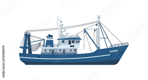 Illustration of a Blue Fishing Boat on White Background