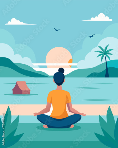A serene morning routine of starting the day with yoga or meditation overlooking the peaceful beachfront.. Vector illustration