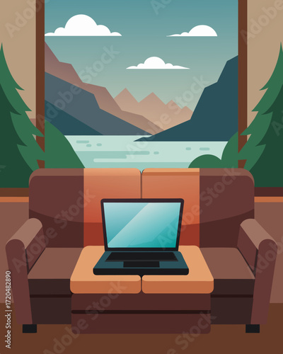 A laptop rests on the arm of a wellloved leather sofa giving the perfect view of the shimmering river just outside the cabin windows.. Vector illustration