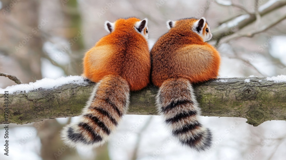 Fototapeta premium view of squirrels in a tree decorated with sunlight