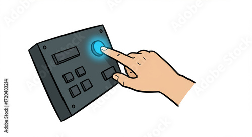 Isolated Cartoon Hand Pressing a Luminous Blue Button on a Dark Console