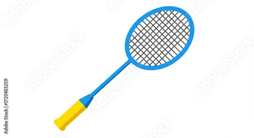 Isolated Blue Badminton Racket with Yellow Grip on White Background, Sport Equipment