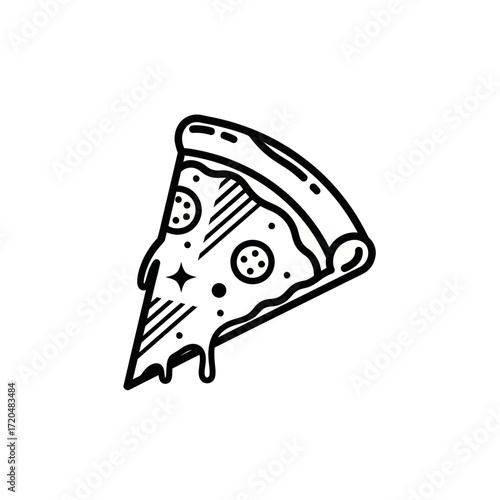 A stylized, black and white line drawing of a slice of pizza with dripping sauce.