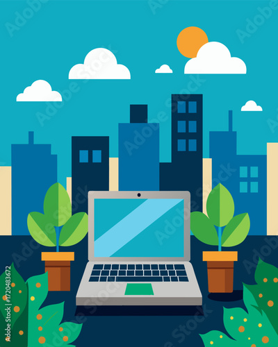 Above the bustling streets a laptop was the only sign of technology in the tranquil rooftop garden.. Vector illustration