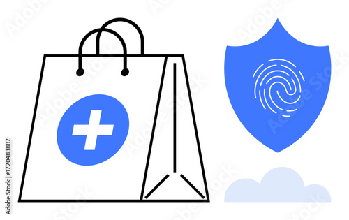 Healthcare-themed shopping bag with cross icon next to fingerprint on shield, conveying safety and trustworthiness. Ideal for healthcare, online security, e-commerce trust, insurance, medical apps