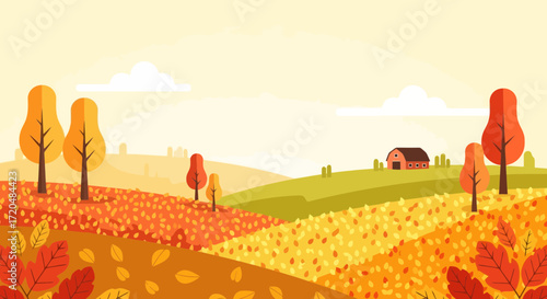 A serene autumn landscape illustration showcasing vibrant fall foliage, rolling hills, and a charming barn, perfect for seasonal greetings and harvest festival promotions