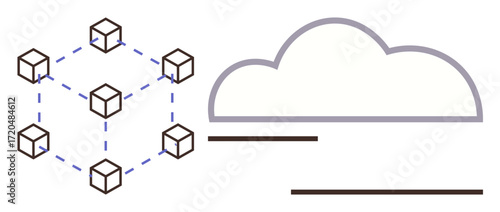 Abstract blockchain network structure with interconnected cubes alongside cloud icon. Ideal for blockchain, cloud storage, decentralized systems, data sharing, technology innovation, digital