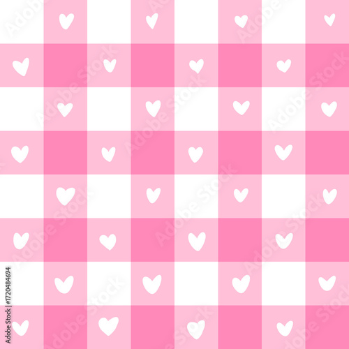seamless pattern with pink hearts. Illustration gingham pattern pink with love