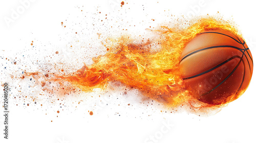 Fiery basketball unleashes explosive energy with dynamic flames in high-speed motion for sports and gaming visuals isolated on transparent background