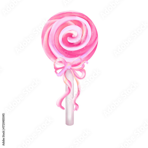 Pink with white lollipops candies spiral ribbon coquette patterns. Vector illustration isolated on white. Children Lollipop pink girld