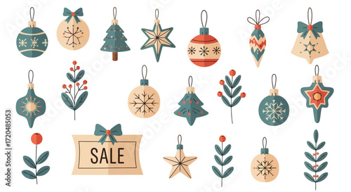 A whimsical collection of christmas ornaments with a vintage flair featuring stars, trees, and snowflakes for holiday design projects and festive promotions