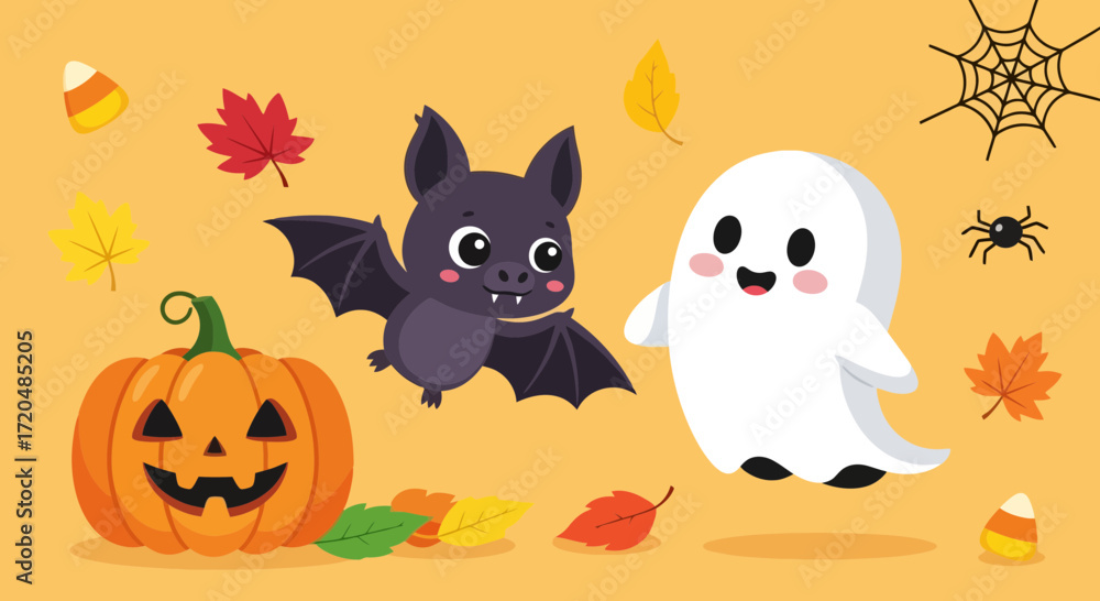 Fototapeta premium A whimsical halloween illustration featuring a smiling pumpkin, cute bat, friendly ghost, and autumn leaves for festive holiday designs