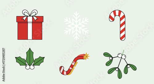 A festive collection of christmas icons featuring a gift box, snowflake, candy cane, holly, noisemaker, and mistletoe for holiday designs